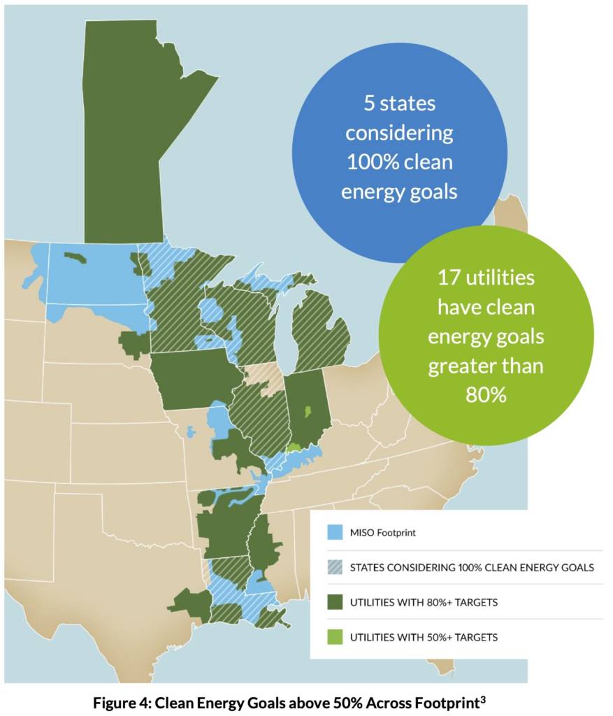 Map of which states and utilities in MISO are considering or working toward clean energy goals